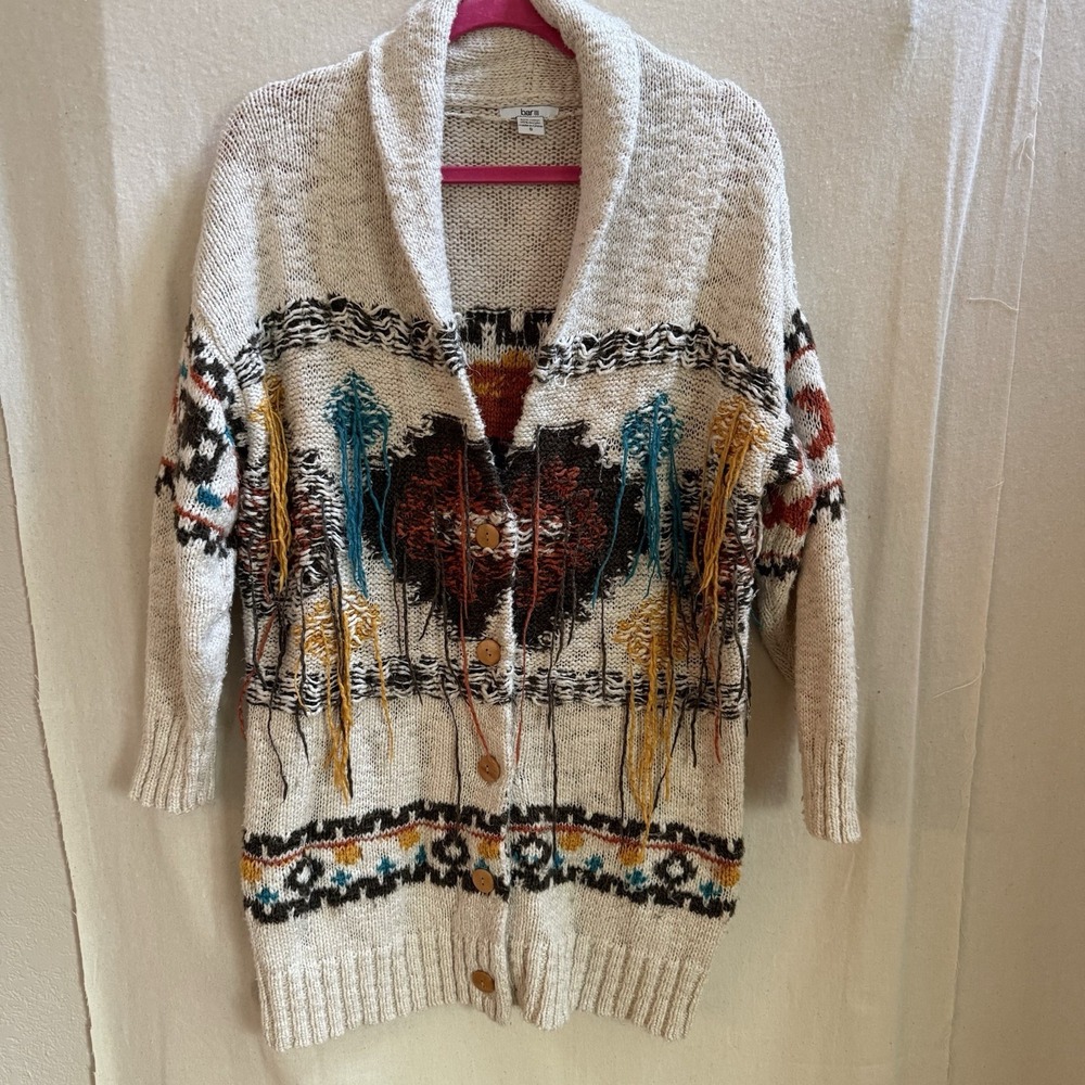Bar III Women's‎ Cardigan Button up Sweater Fringe Native Aztec Detail Size S